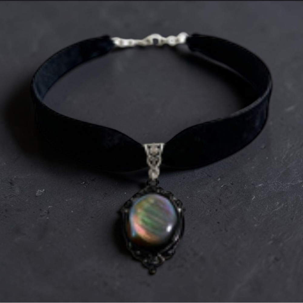 Black Velvet Choker Necklace with Iridescent Pendant